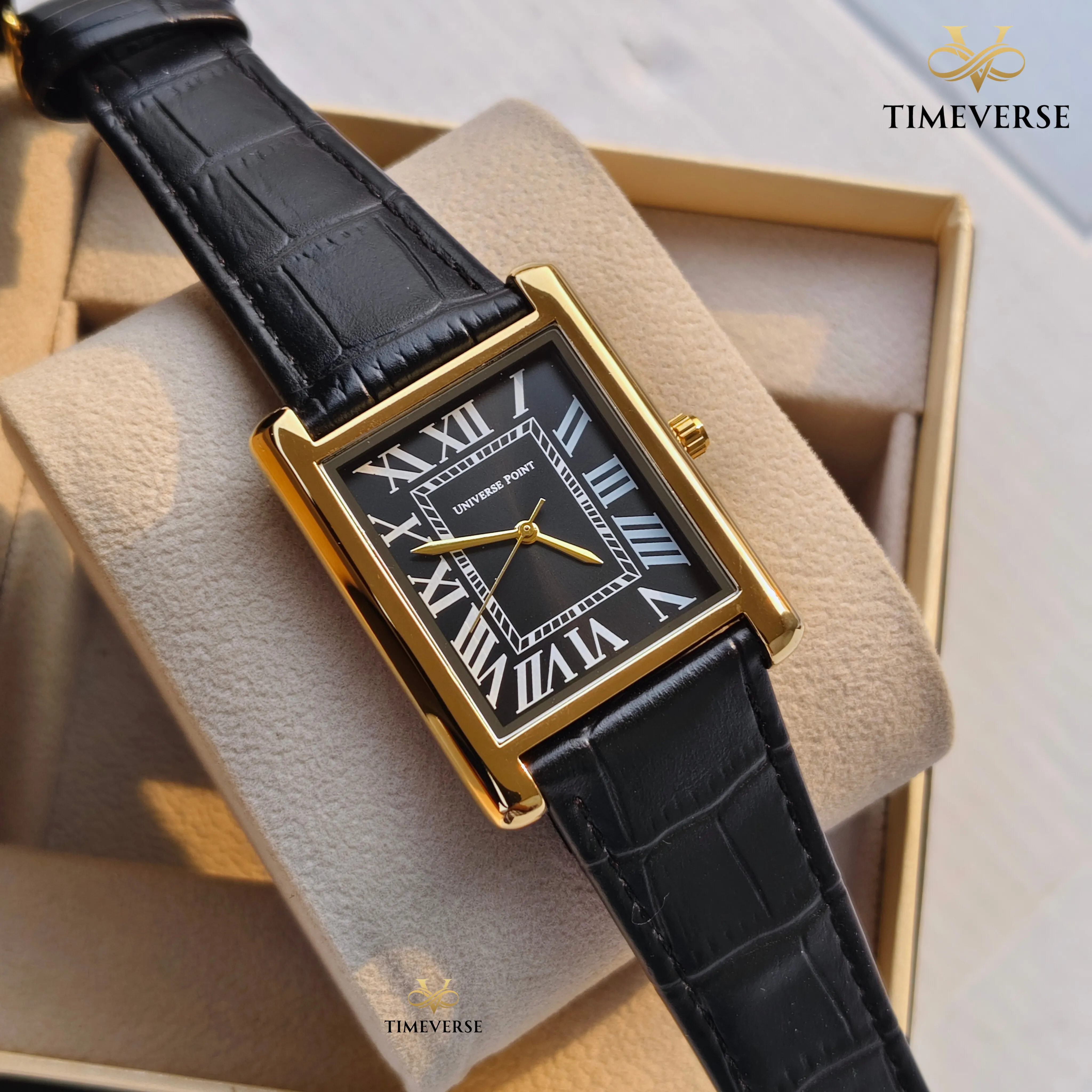 Universe Point 2382 Roman Dial Leather Men's Watch -  Gold Black