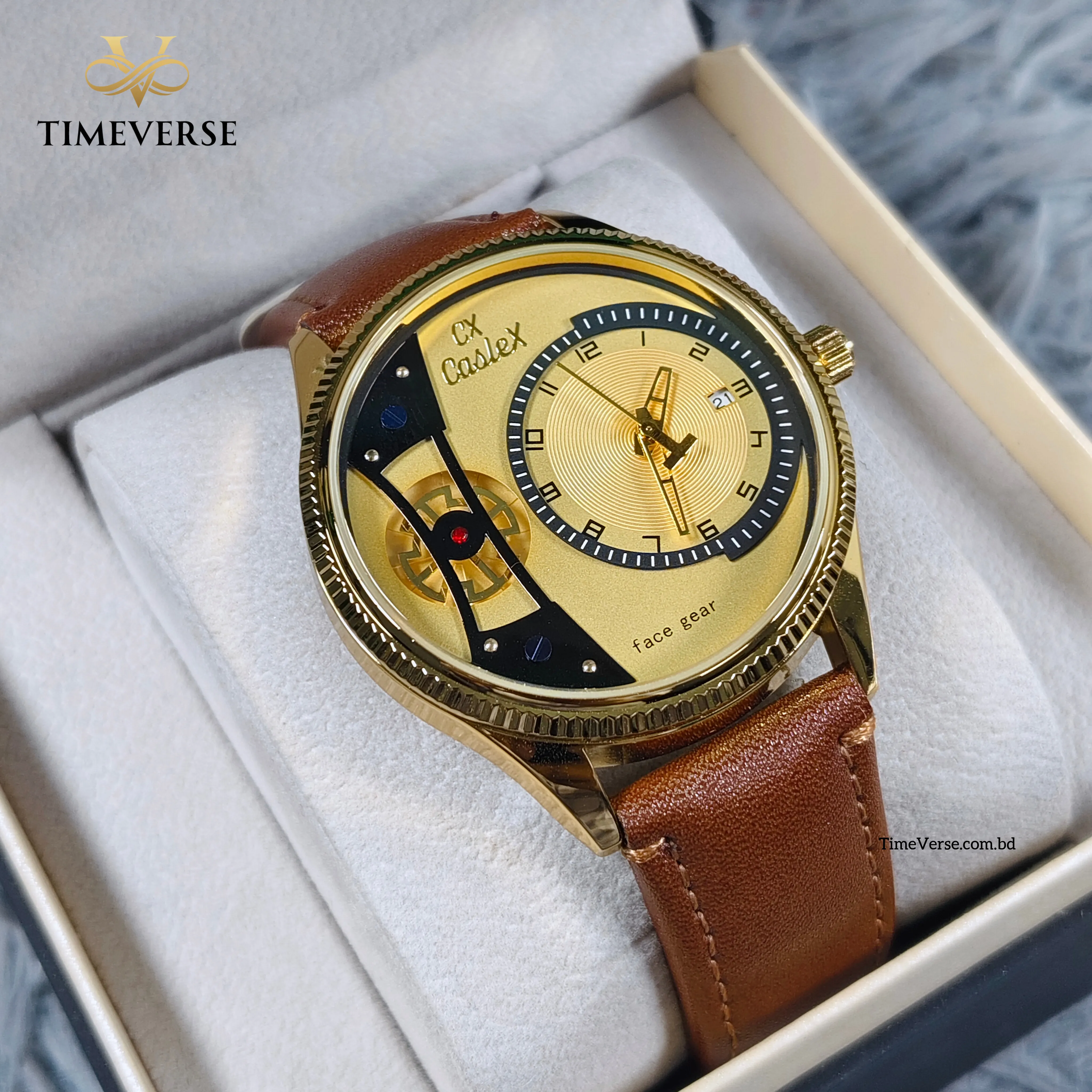 Caslex Number Dial Belt Men's Watch - Brown Gold