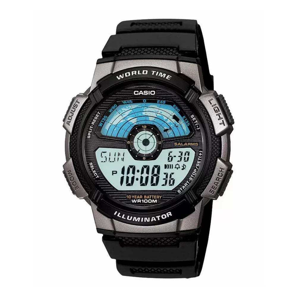 WW0396 Casio Youth World Time Digital Resin Belt Watch AE-1100W-1AVDF