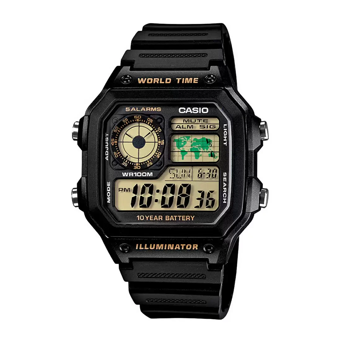 WW0395 Casio Youth World Time Digital Resin Belt Watch AE-1200WH-1BVDF