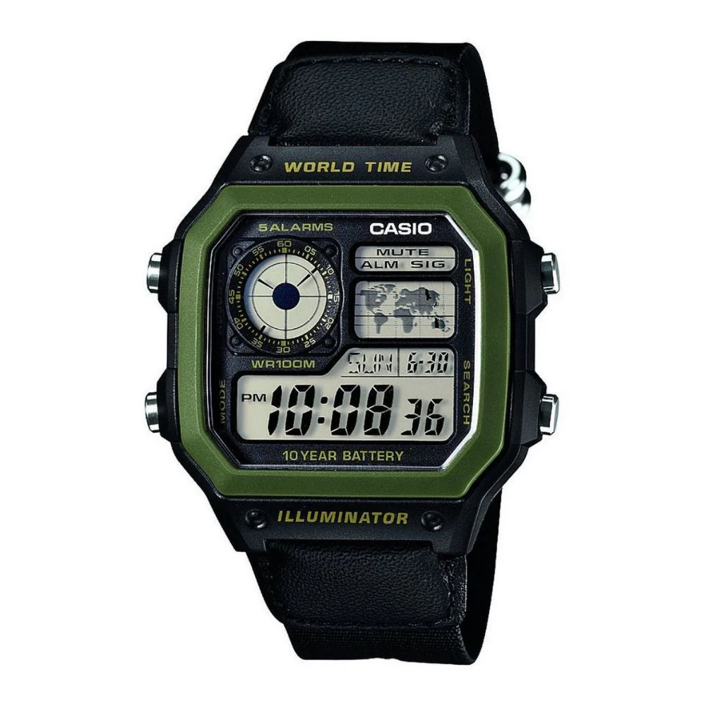 WW0046 Casio Youth World Time Digital Nylon Belt Watch AE-1200WHB-1BVDF