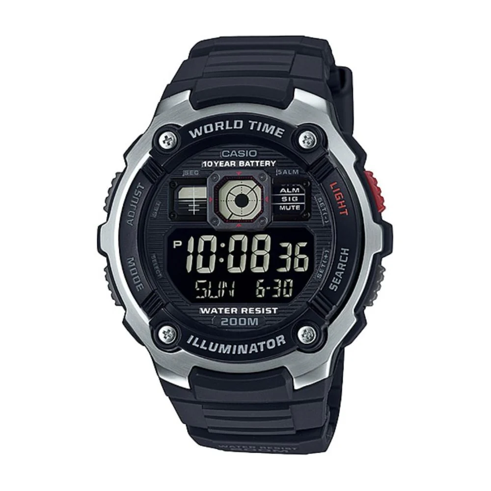 WW1302 Casio Youth World Time Digital Resin Belt Watch AE-2000W-1BVDF
