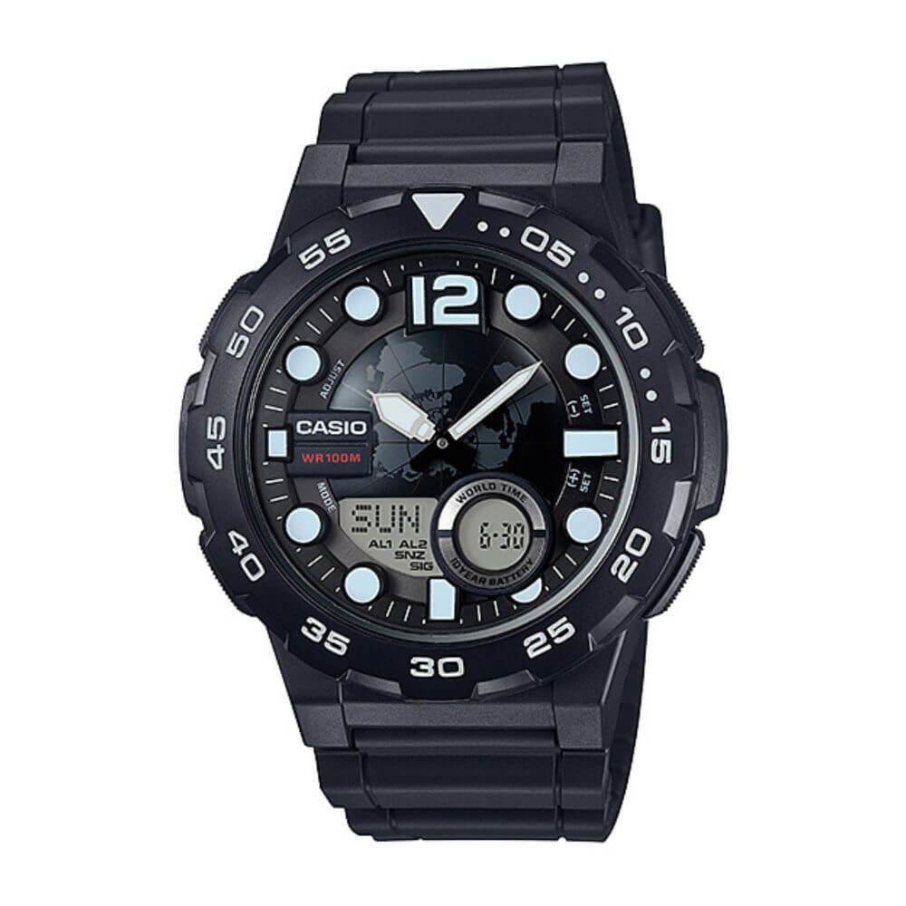 WW0607 Casio Youth World Time Resin Belt Watch AEQ-100W-1AVDF