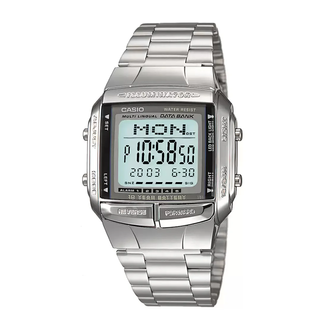 WW0728 Casio Vintage Illuminator Data Bank Silver Chain Watch DB-360-1ADF