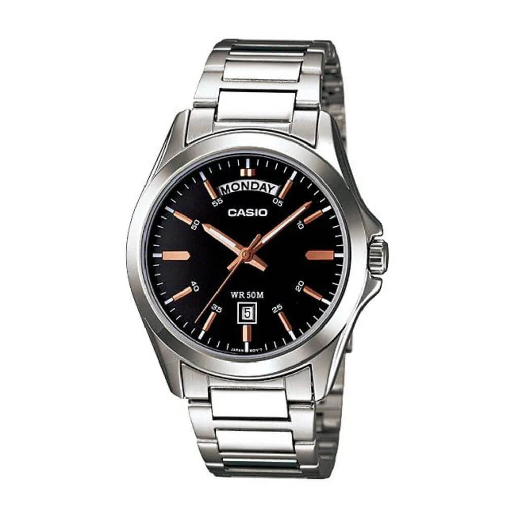 WW1564 Casio Enticer Day Date Silver Chain Watch MTP-1370D-1A2VDF