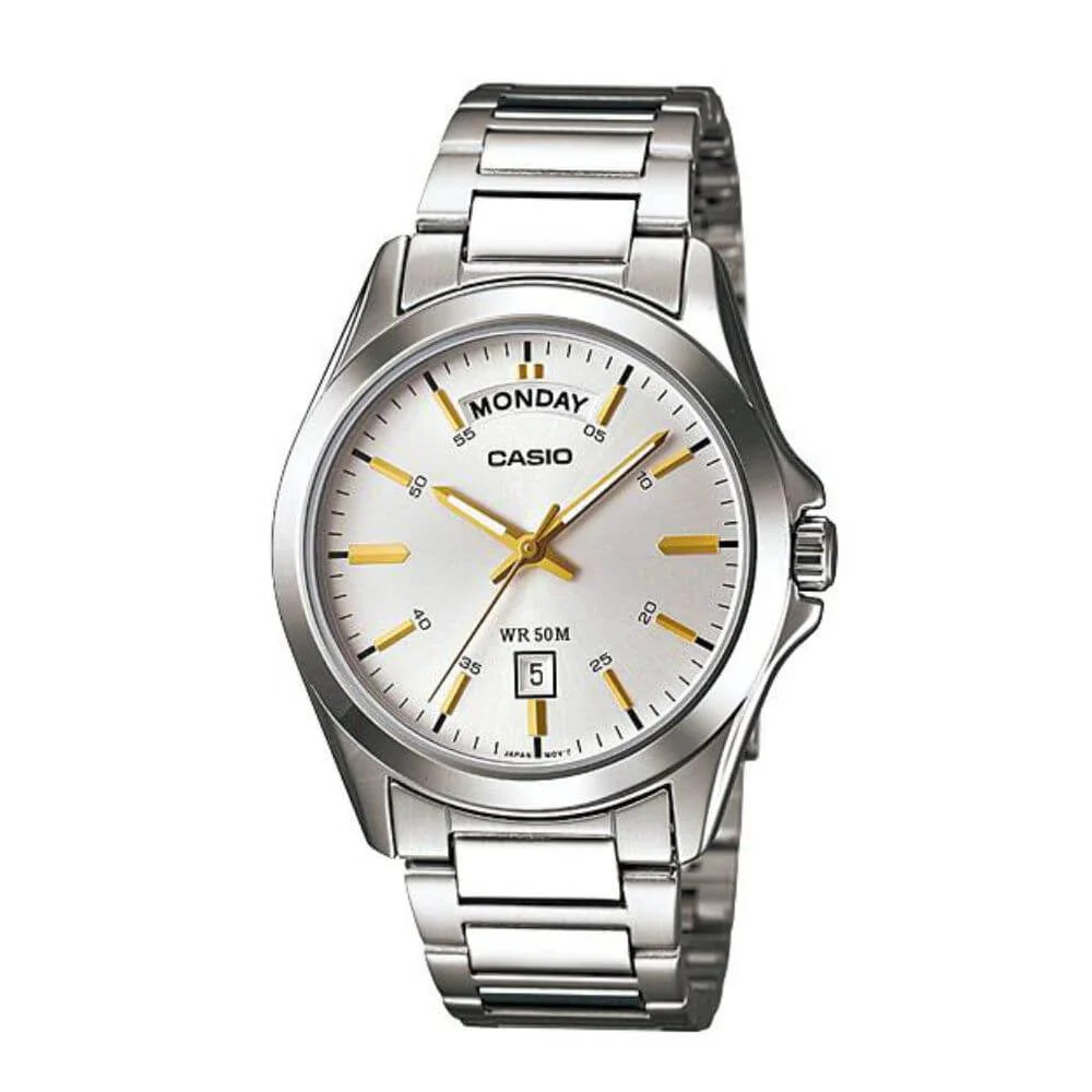 WW1567 Casio Enticer Day Date Silver Chain Watch MTP-1370D-7A2VDF