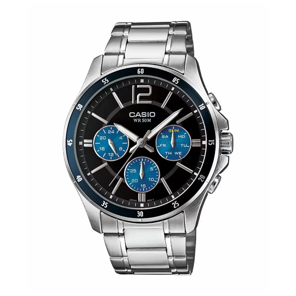 WW0499 Casio Enticer Multifunction Silver Chain Watch MTP-1374D-2AVDF