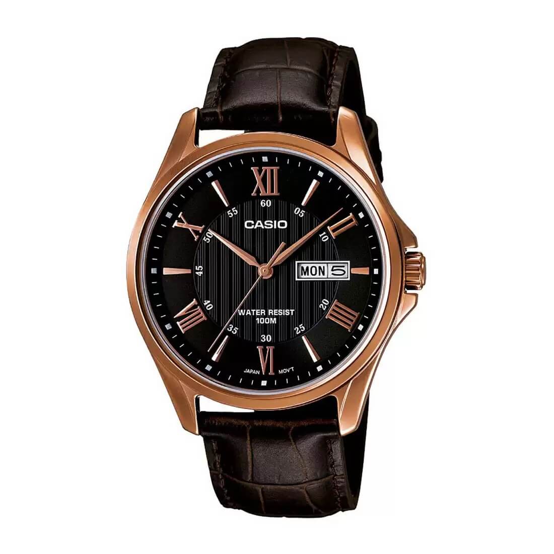 WW0430 Casio Enticer Day Date Rose Gold Leather Belt Watch MTP-1384L-1AVDF