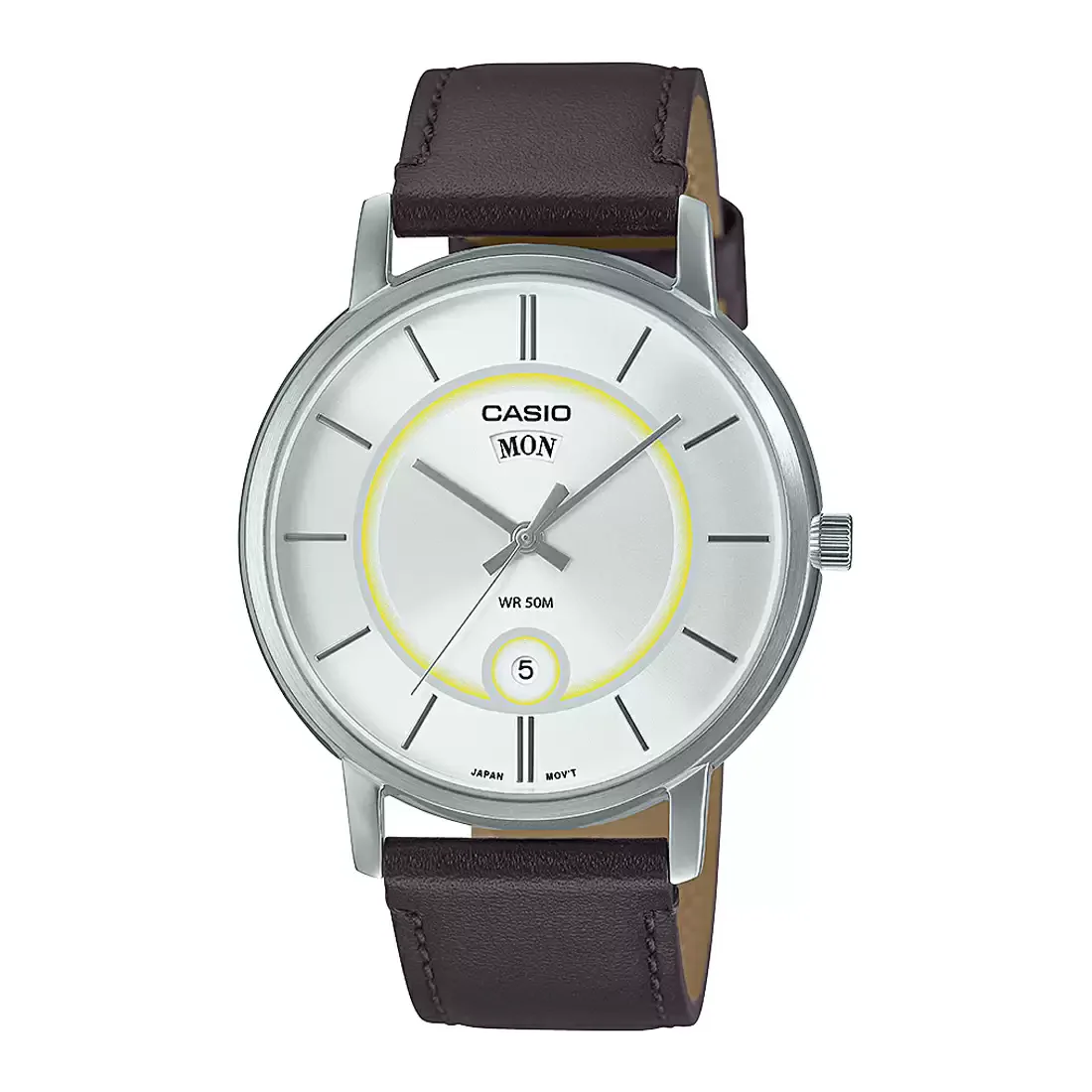 WW1946 Casio Enticer Day Date Stainless Steel Leather Belt Watch MTP-B120L-7AVDF