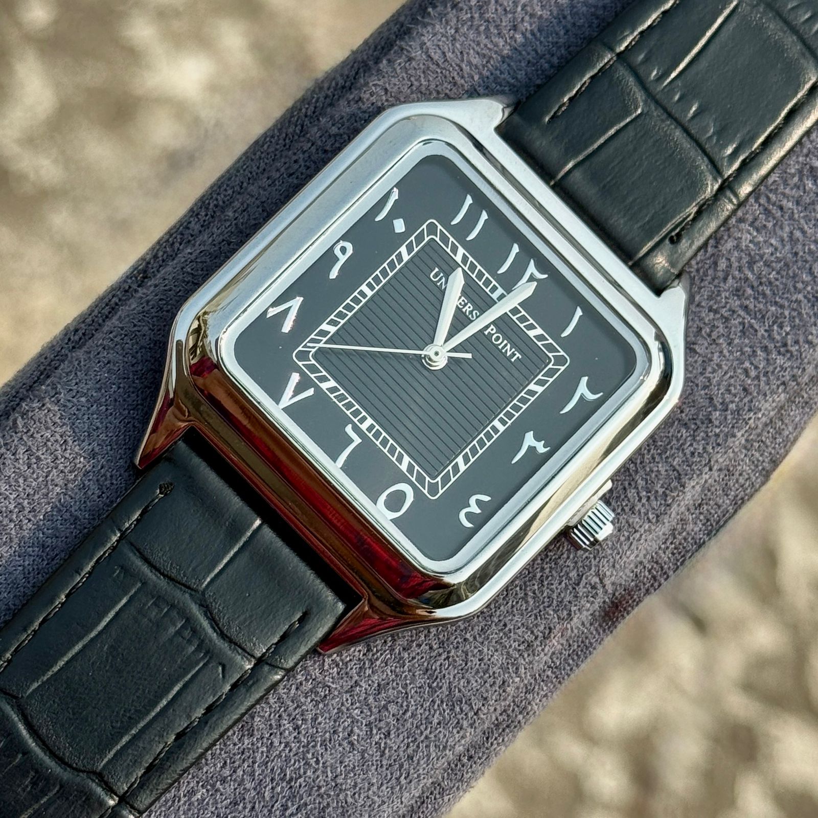 Universe Point 1037 Arabic Dial Leather Strap Men's Watch - Silver Black 