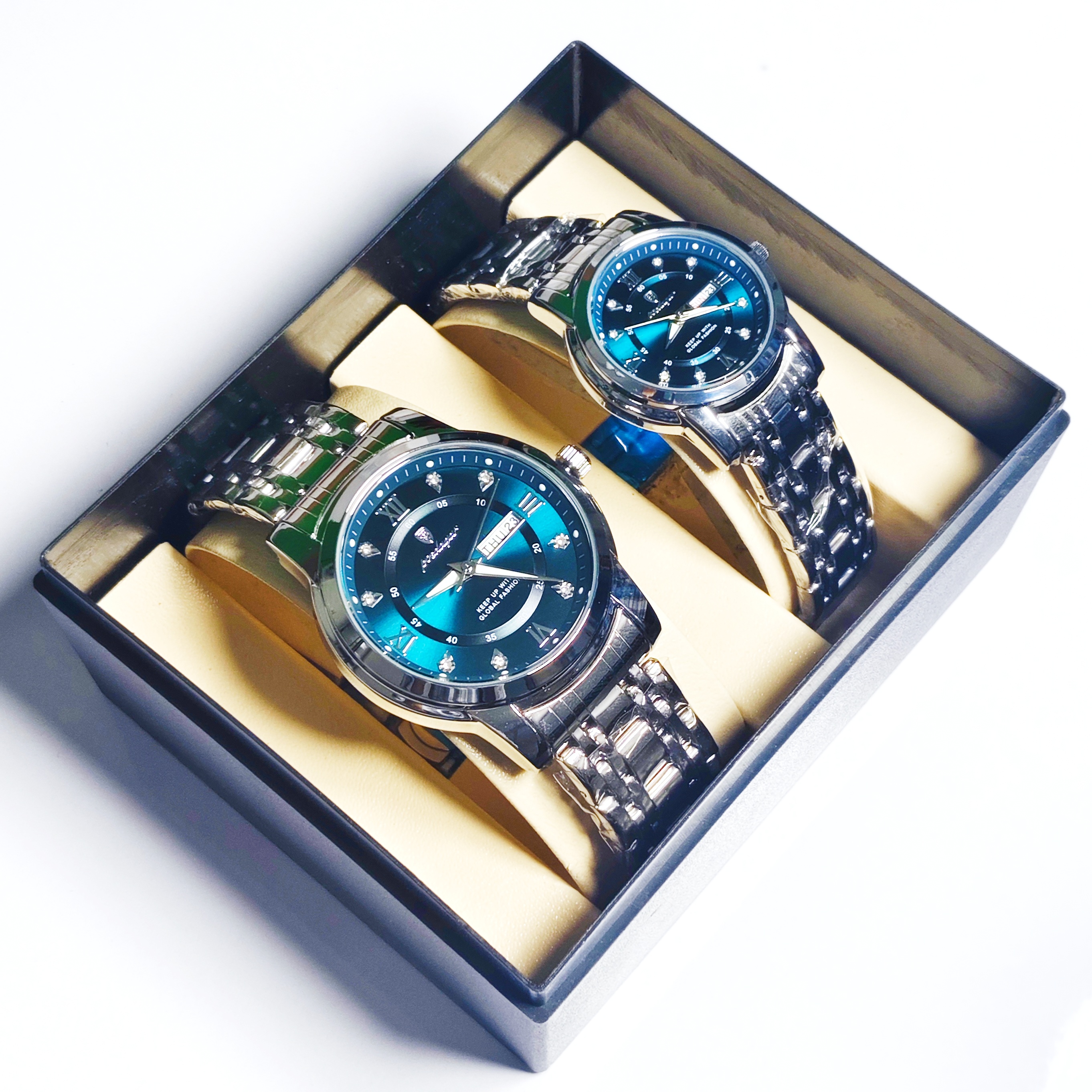Poedagar 936 Couple Watch - Silver Blue With Premium Box