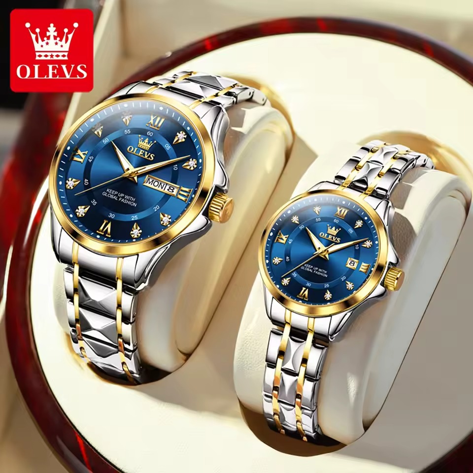 Olevs 2906 Couple Watch - Silver Gold Blue