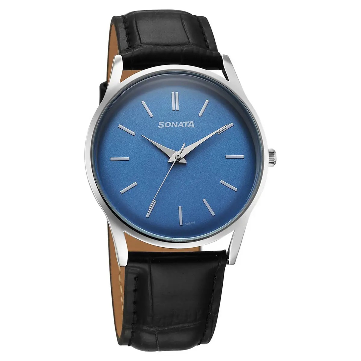 Sonata Blue Round Dial Black Strap Watch For Gents - 77140SL03 