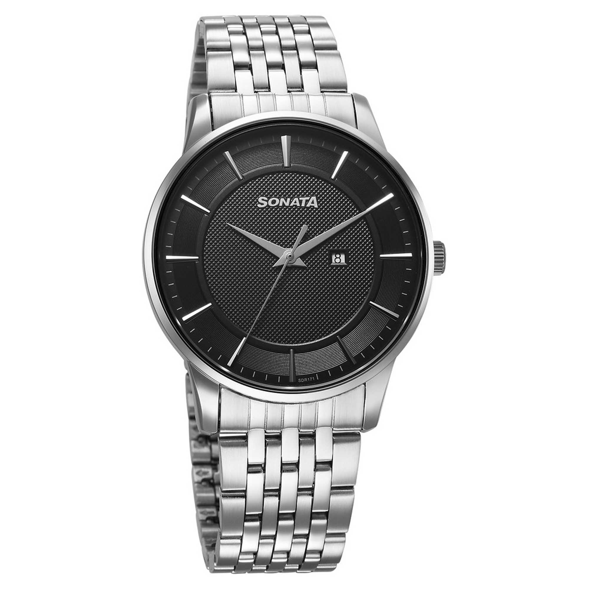 Sonata Black Round Dial Silver Strap Watch For Gents 77153SM01