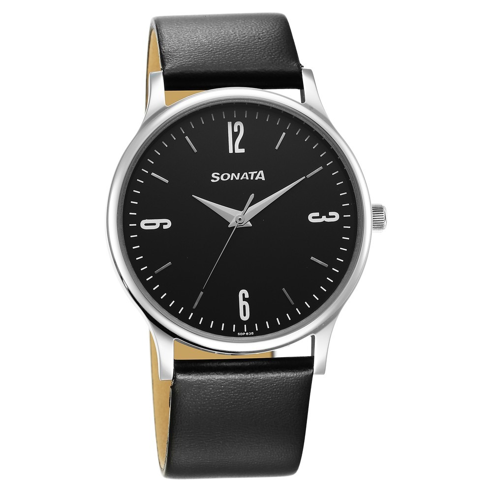 Sonata Aspire Quartz Analog Black Dial Leather Strap Watch for Men - 77105SL14W