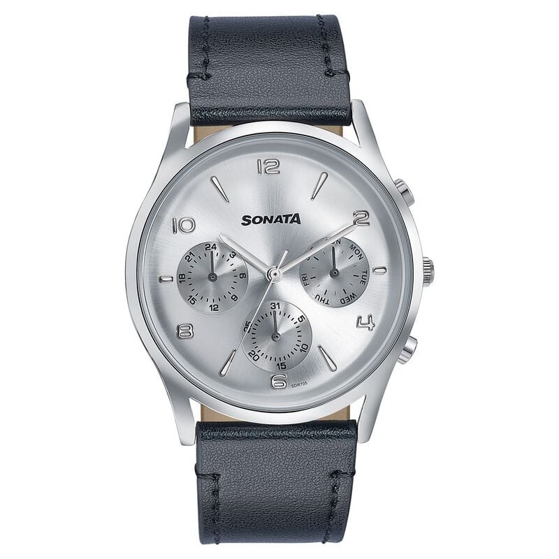 Sonata Silver Round Dial Black Strap Watch For Gents - 77140SL02 