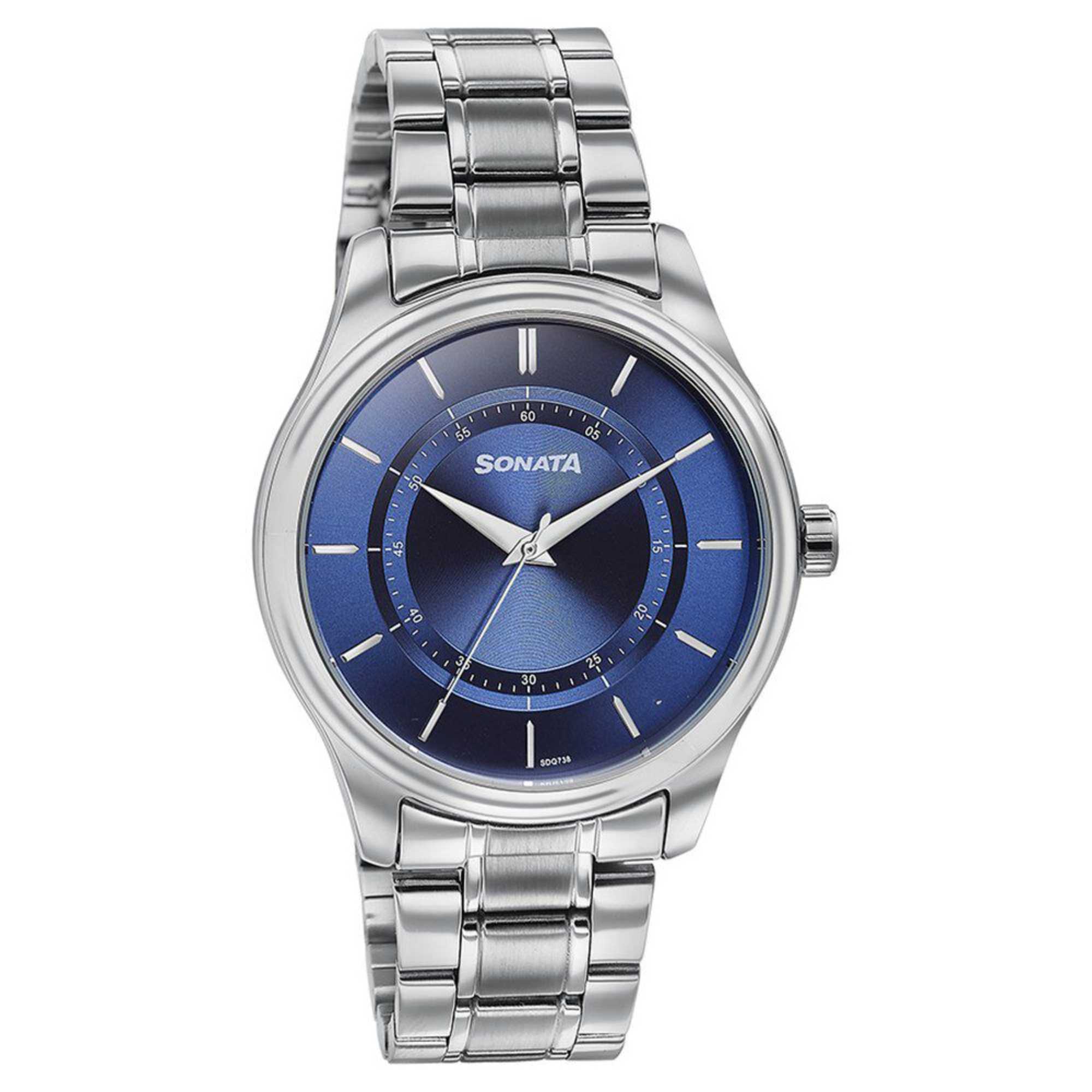 Sonata Quartz Analog Blue Round Dial Silver Stainless Steel Strap Watch For Men - 77149SM01 