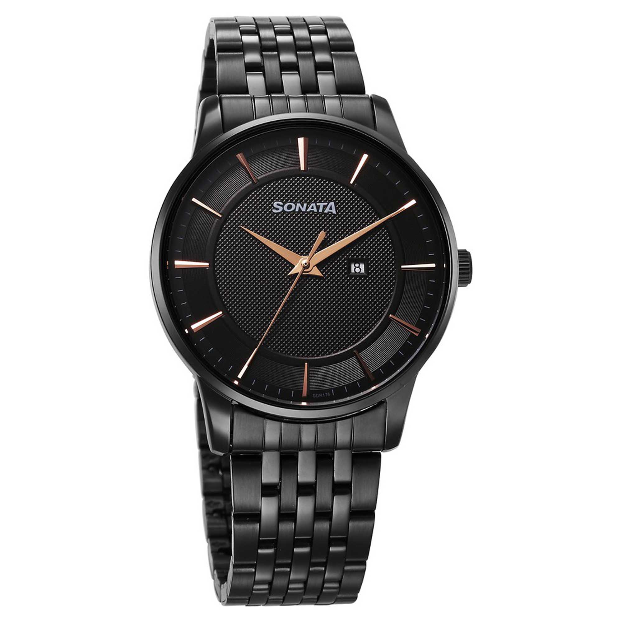 Sonata Black Round Dial Black Strap Watch For Gents - 77153NM01