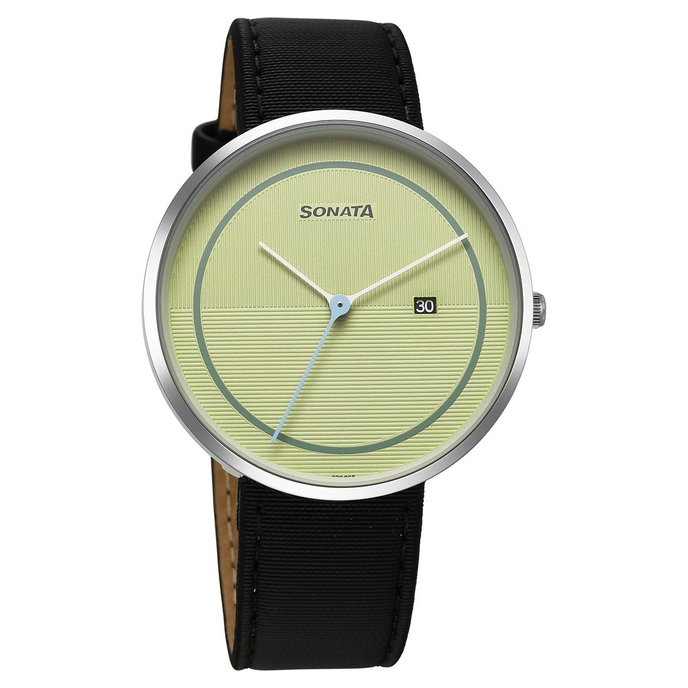 Sonata Green Round Dial Beige Strap Watch For Gents - 77152SL04 