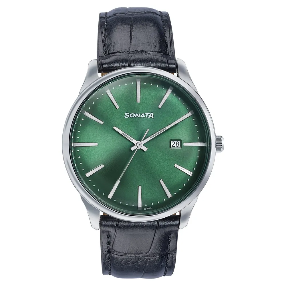 Sonata Green Round Dial Black Strap Watch For Gents - 77166SL01