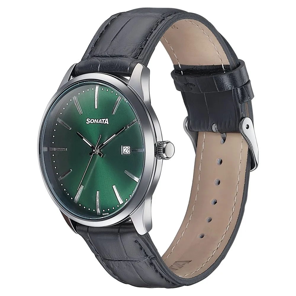 Sonata Green Round Dial Black Strap Watch For Gents - 77166SL01