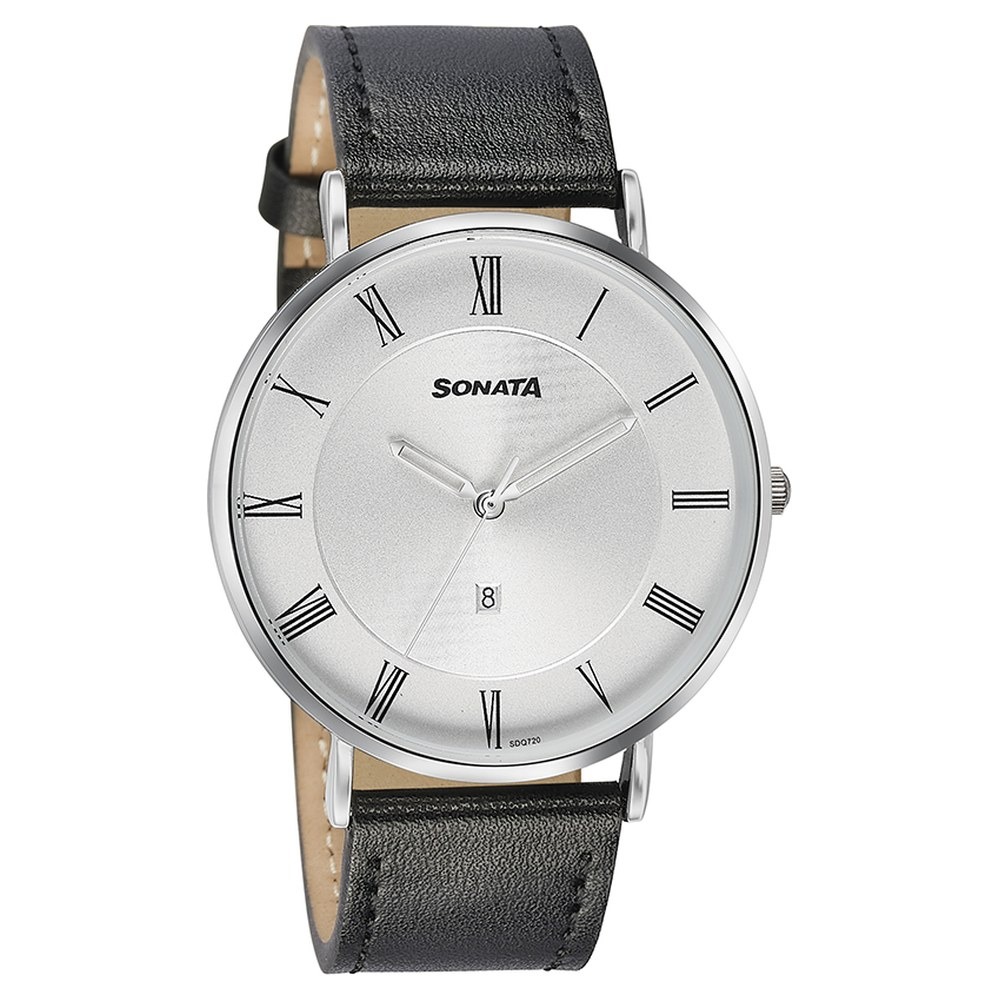 Sonata Quartz Analog with Date Silver Dial Black Leather Strap Watch For Men - 77142SL01 