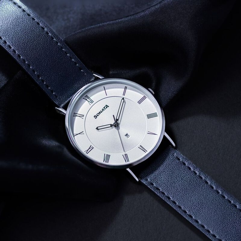 Sonata Quartz Analog with Date Silver Dial Black Leather Strap Watch For Men - 77142SL01