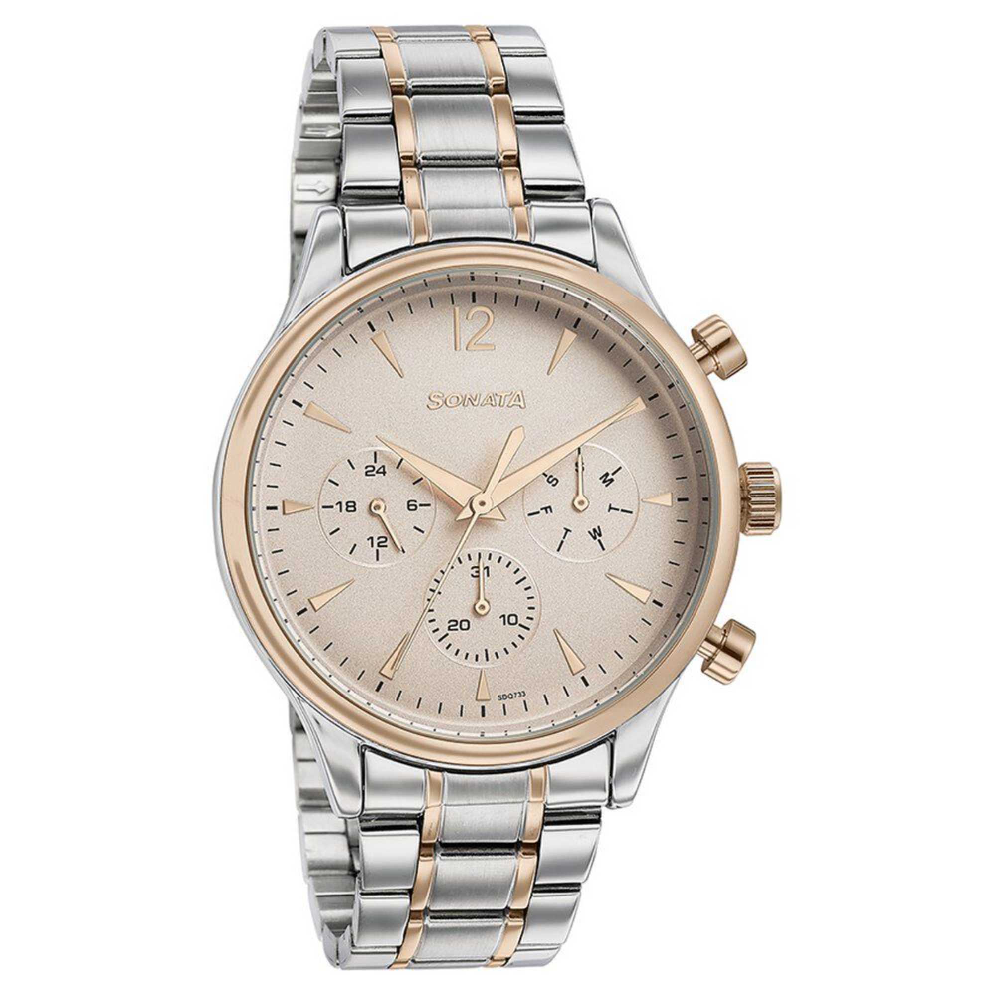 Sonata Quartz Multifunction Pink Dial Two Toned Stainless Steel Strap Watch For Men - 77146KM01