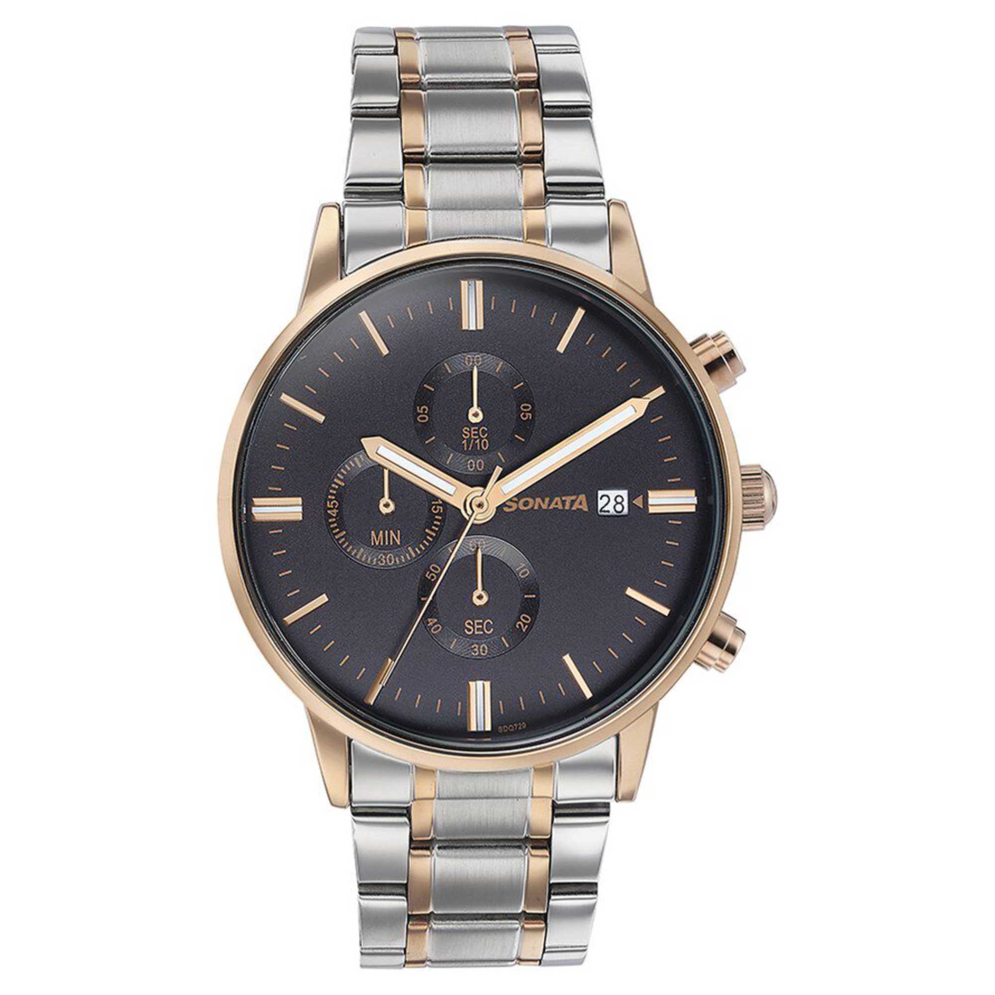 Sonata Quartz Multifunction Black Dial Two Toned Stainless Steel Strap Watch For Men - 77145KM01