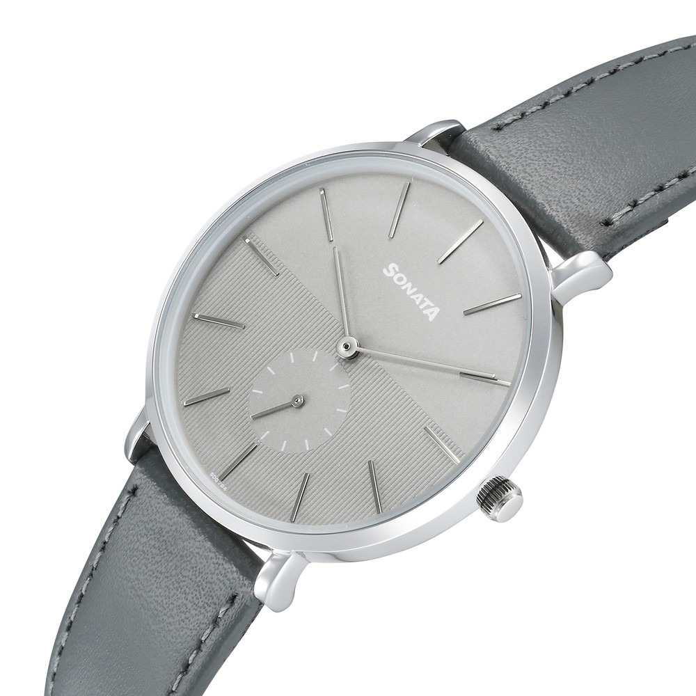 Sonata Grey Round Dial Black Strap Watch For Gents -77150SL08