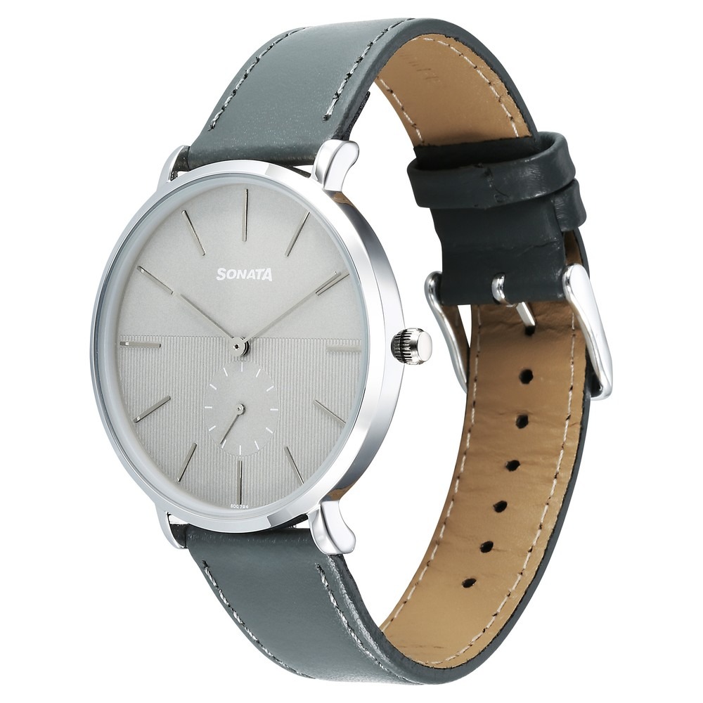 Sonata Grey Round Dial Black Strap Watch For Gents -77150SL08