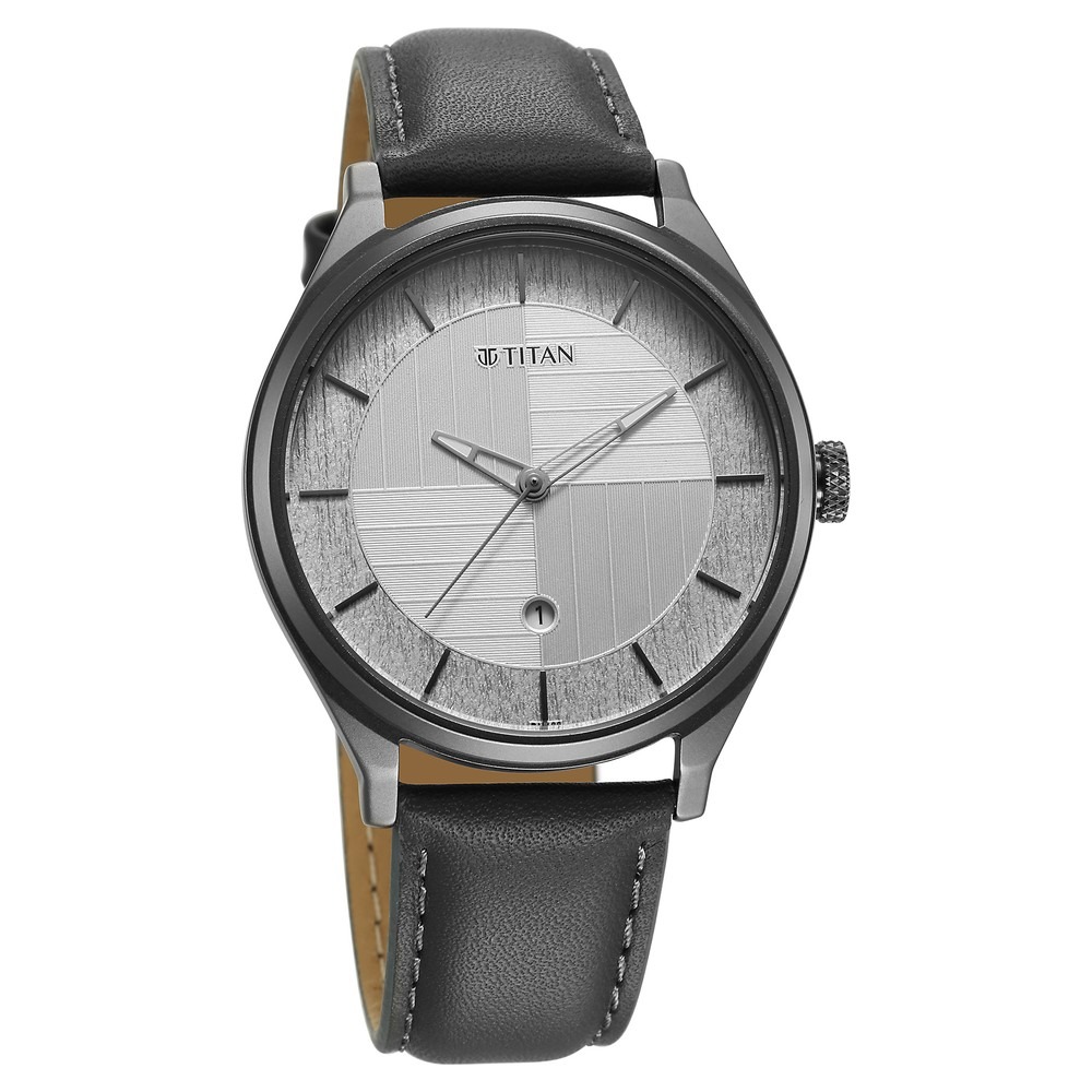 Titan Neo Economy Quartz Analog with Date Silver Dial Grey Leather Strap Watch For Men -1802QL01