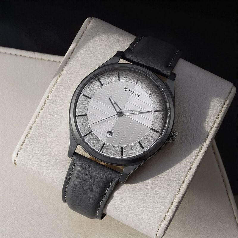 Titan Neo Economy Quartz Analog with Date Silver Dial Grey Leather Strap Watch For Men -1802QL01