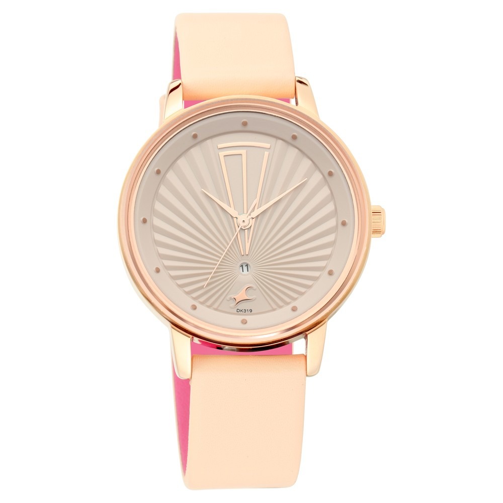 Fastrack Ruffles Quartz Analog with Date Beige Dial Leather Strap Watch for Girls - 6206WL01 