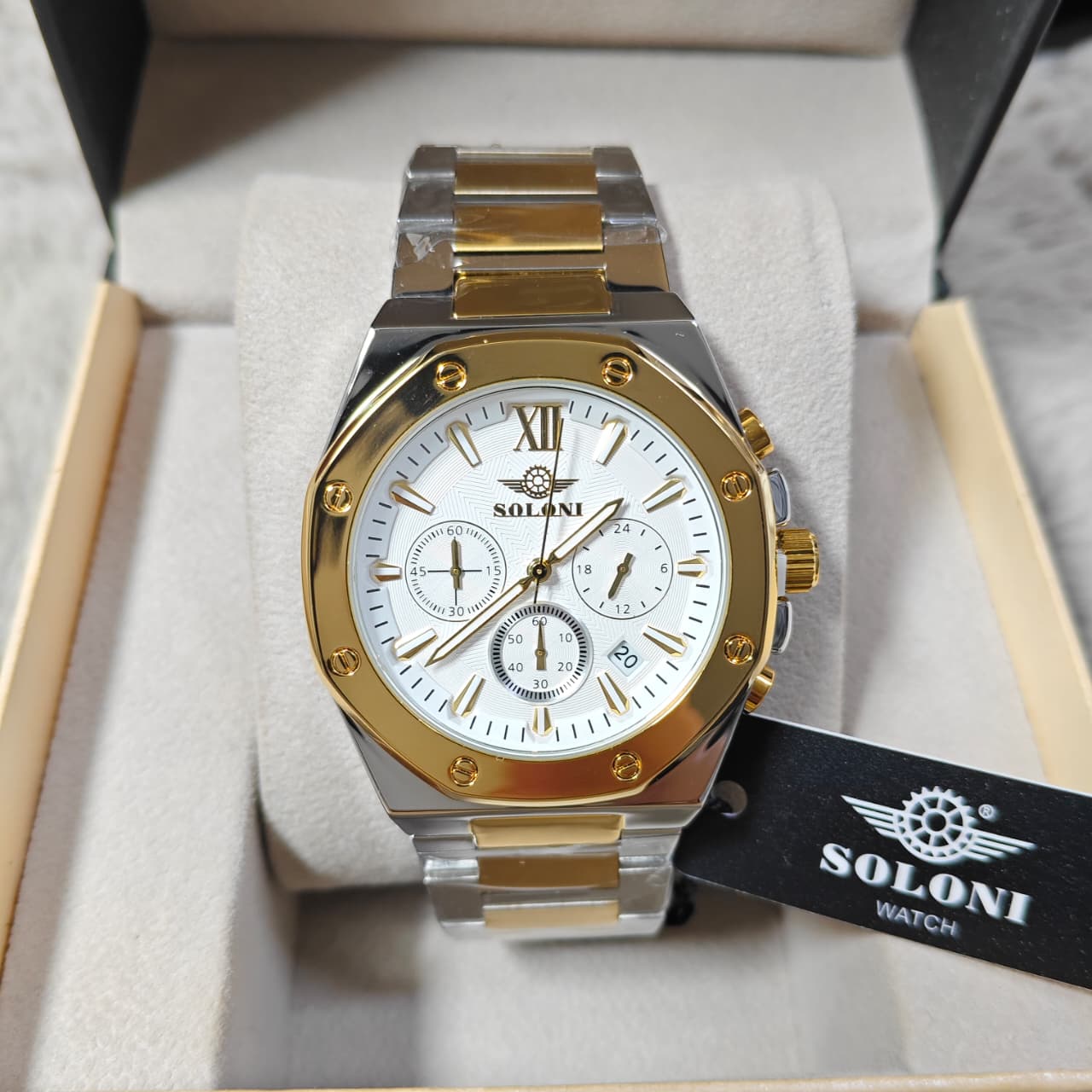 Soloni 3001 For Men - Silver Gold White With Premium Box