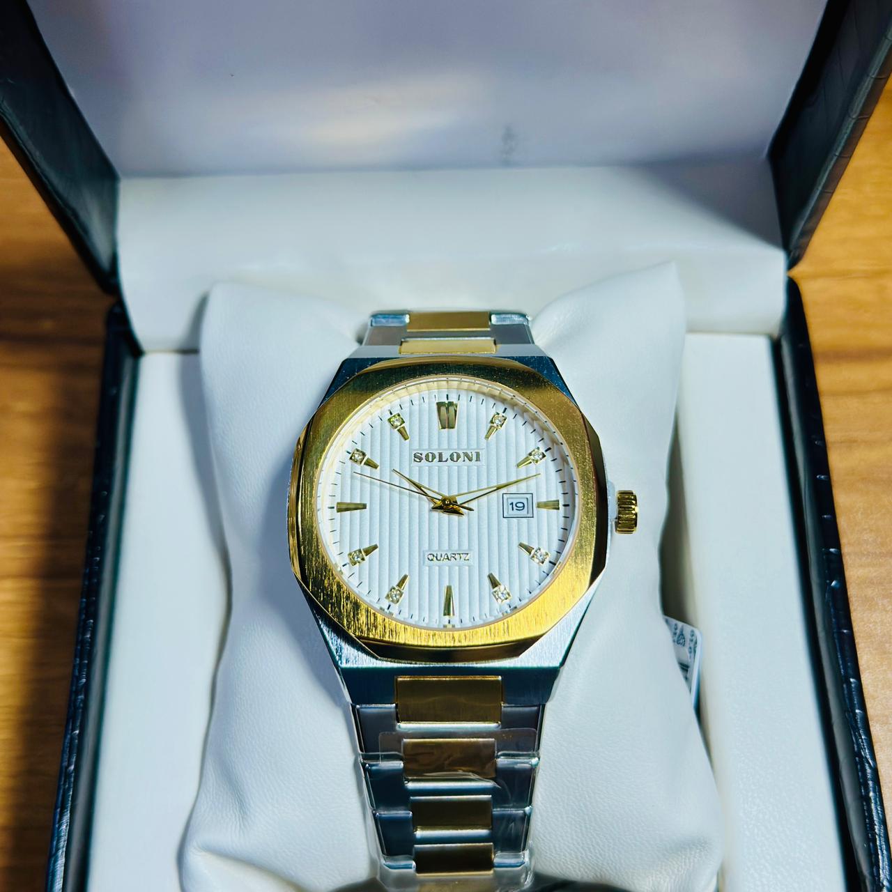 Soloni 1014 For Men - Silver Gold White With Premium Box