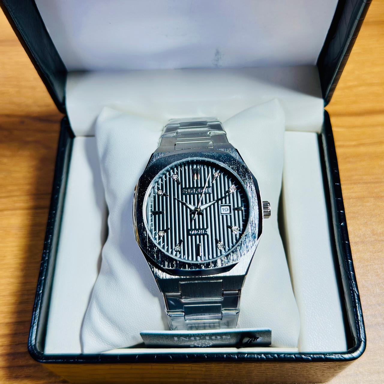 Soloni 1014 For Men - Silver Black With Premium Box