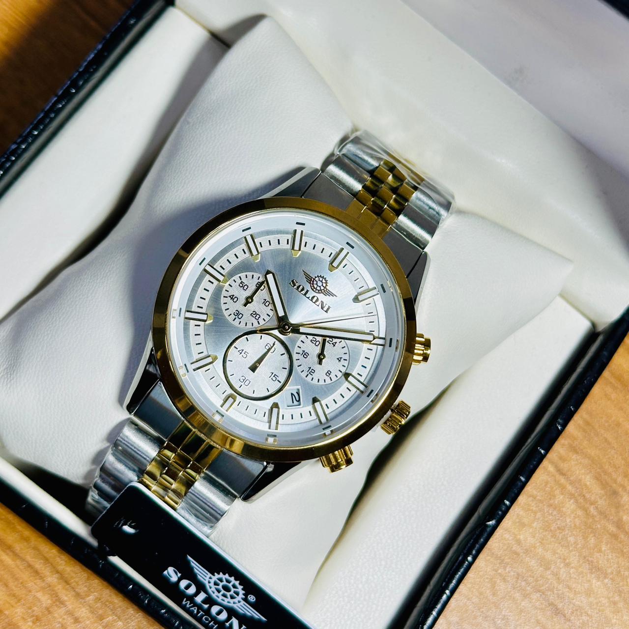 Soloni 3015 For Men - Silver Gold White With Premium Box