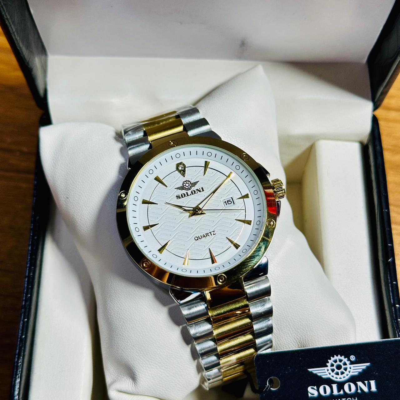 Soloni 1008 For Men - Silver Gold White With Premium Box