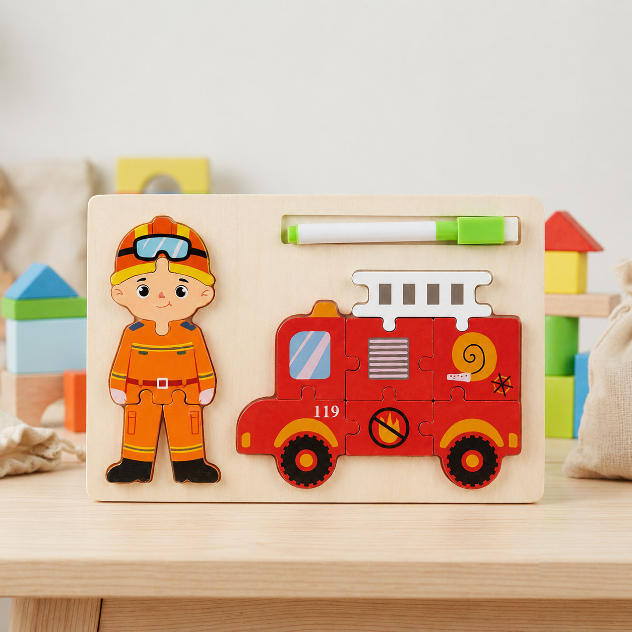 Fire Fighter & Fire Truck Wooden Puzzle Board with Marker
