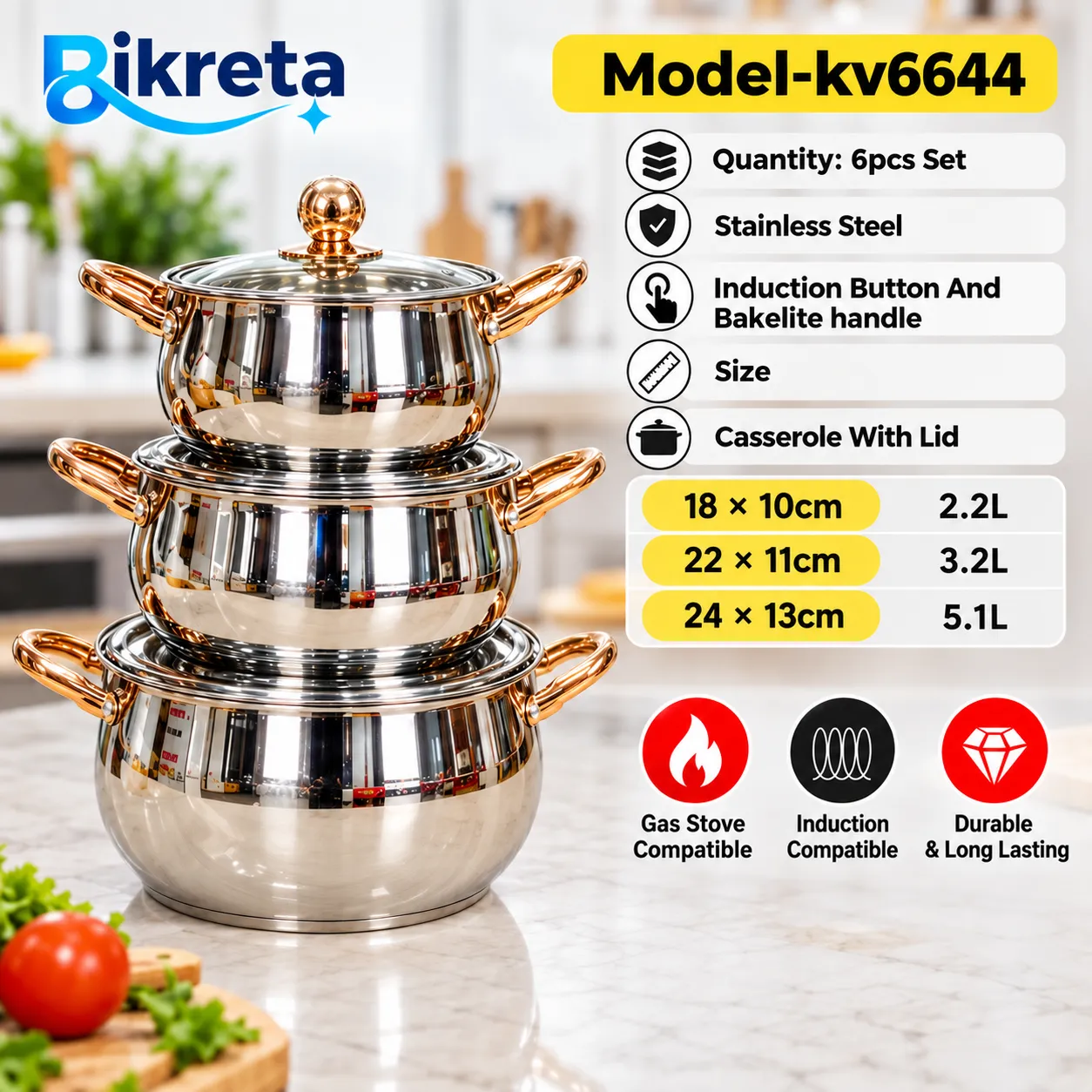 Kv-6644, Kaisa Villa Stainless Steel Cookingset, Induction bottom 6pcs Cookware Set