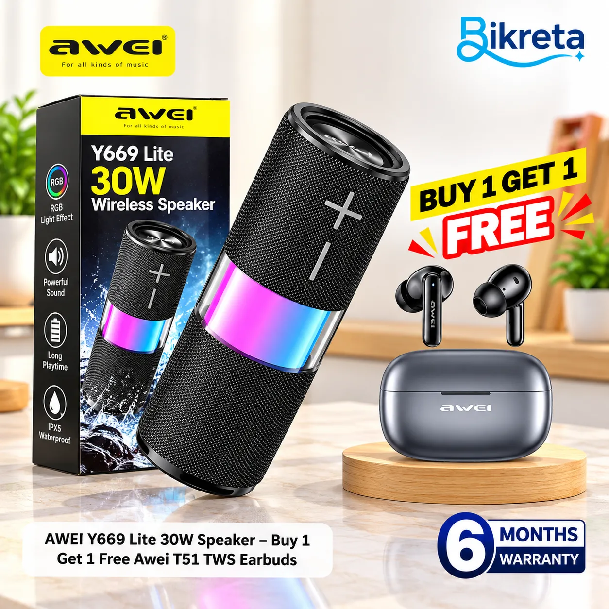 AWEI Y669 Lite 30W Speaker – Buy 1 Get 1 Free Awei T51 TWS Earbuds