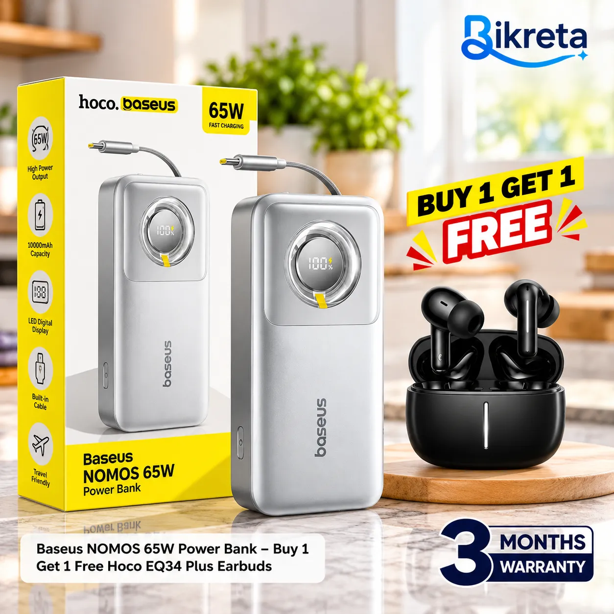 Baseus NOMOS 65W Power Bank – Buy 1 Get 1 Free Hoco EQ34 Plus Earbuds