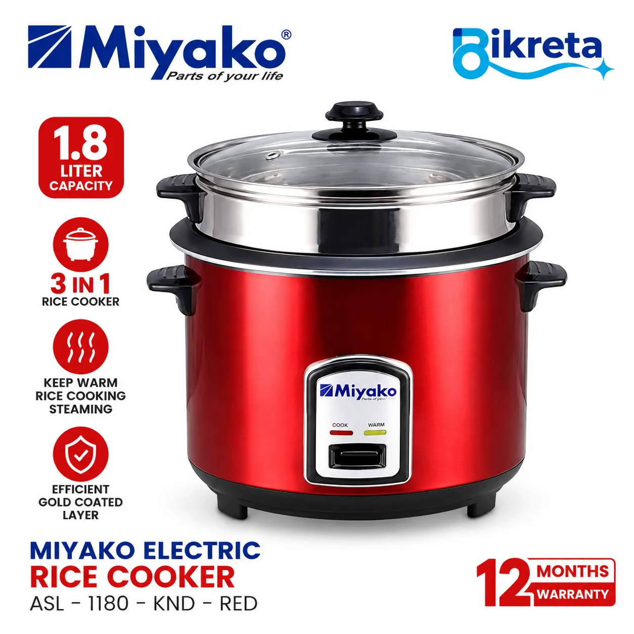 Miyako Rice Cooker ASL-1180-KND 1.8L – 3 in 1