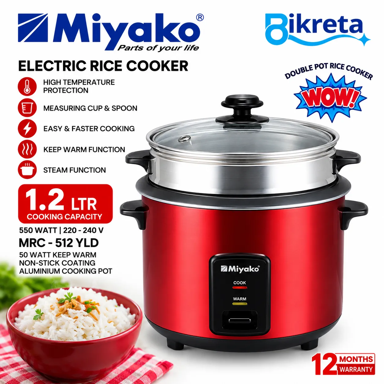 Miyako Rice Cooker Double Pot 1.2L MRC-512 YLD