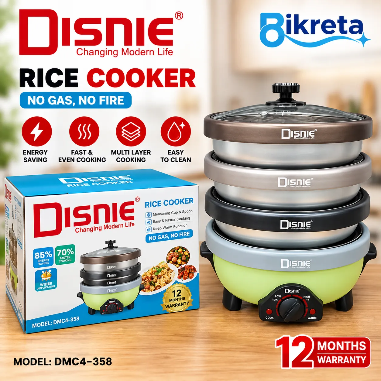 Disnie Electric Multi Curry Cooker & Rice Cooker with 4 Pots & 4 Lids – 5.5L / 1500W