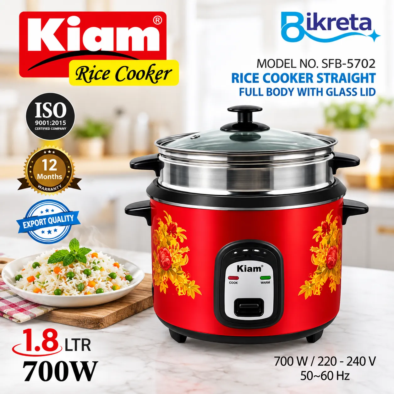 Kiam SFB-5702 Stainless Steel Double Pot Rice Cooker – 1.8 Liter
