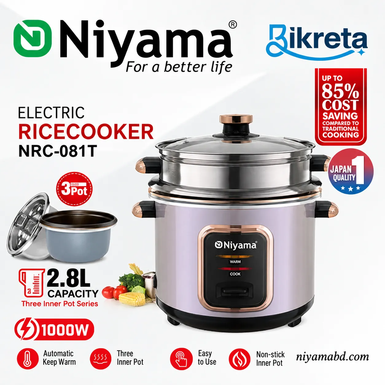 Niyama Electric Ricecooker NRC-081T, 3 IN 1 Rice Cooker – 2.8 Liters, 3 inner Pot, 1 Steamer, 1 lid / 1200 watts