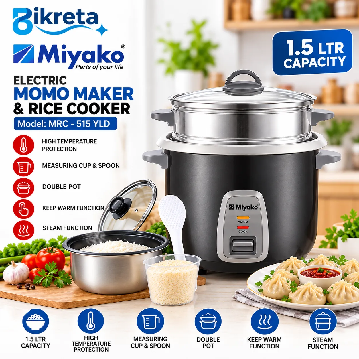 Miyako 3-in-1 Double Pot Rice Cooker 1.5L MRC-515YLD