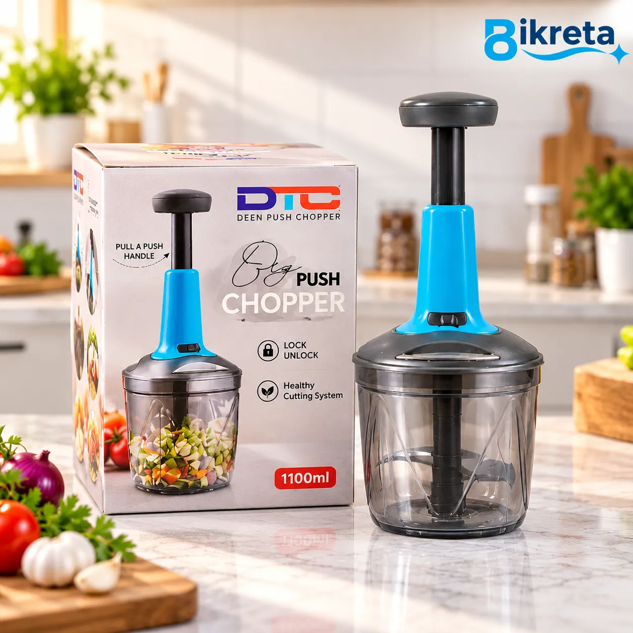 DTC Deen Push Chopper 1100ml with 4 Stainless Steel Blades & Push Handle
